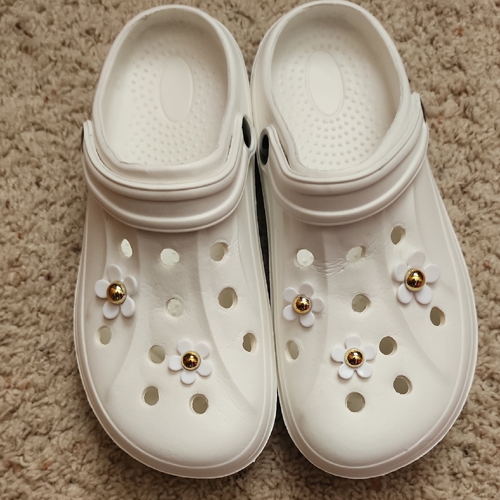 White Clogs with Flower Accents